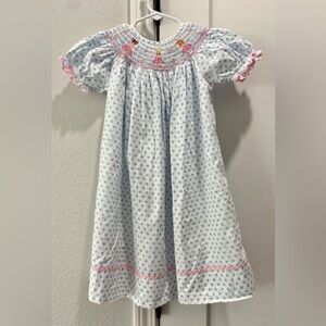 Delaney Toddler Girl’s White Blue Polka Dot Smocked Ruffle Dress Pink Dancers 4T